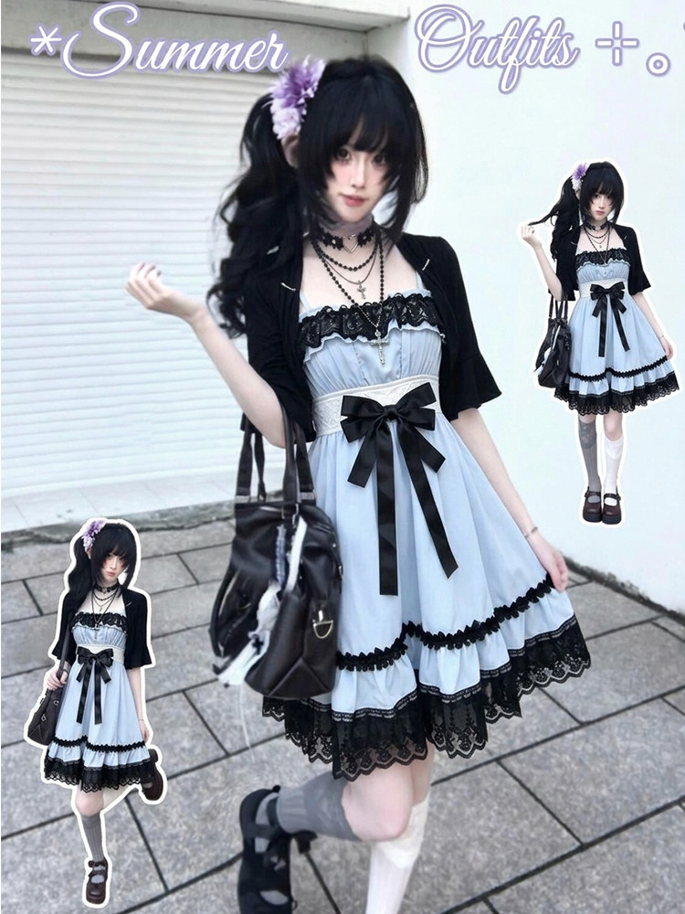 Fly Line - Süßes japanisches zweiteiliges Lolita-Kleid-Set, Spitze, Patchwork,